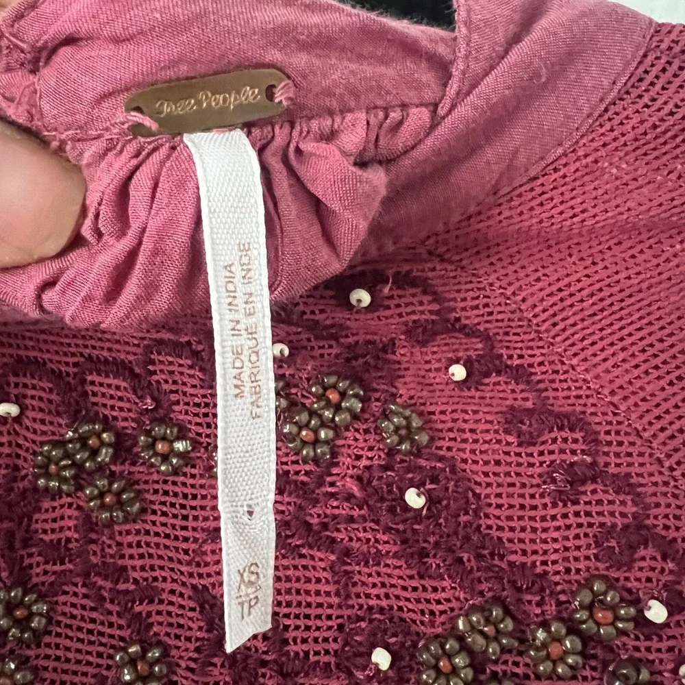 Free People Size XS Have‎ It My Way Top Beaded Tie Back Peasant Pink Boho Fairy